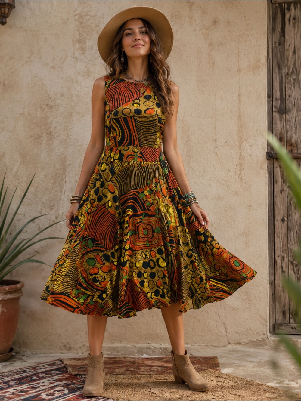 ASHRO Dress Size 16 Boho Abstract Geometric Print Cotton Fit & Flare Midi
